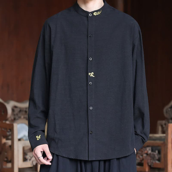 Buddha Stones Spring Summer Tang Style Minimalist Mandarin Collar Embroidery Solid Men's Long Sleeve Shirts - Black - US/UK/AU46，EU56 (5XL) - image 10