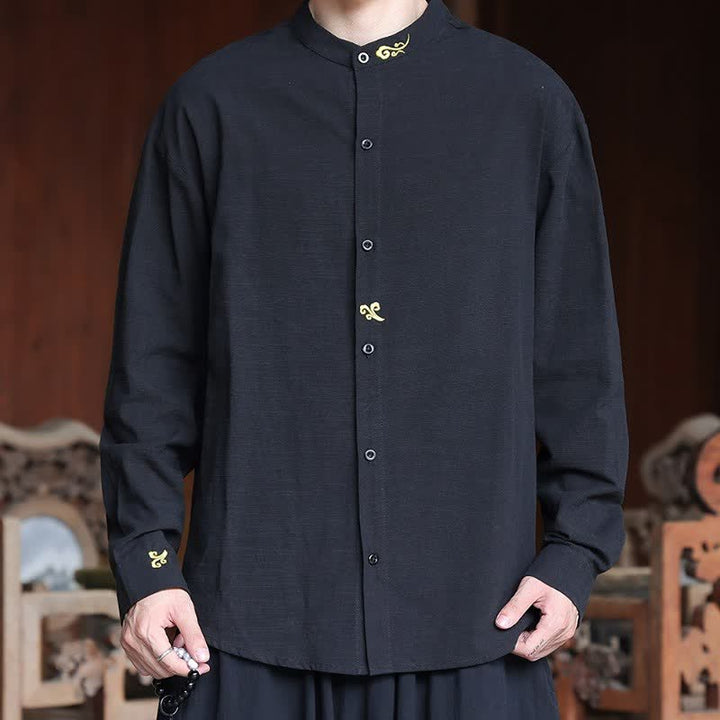 Buddha Stones Spring Summer Tang Style Minimalist Mandarin Collar Embroidery Solid Men's Long Sleeve Shirts - image 11