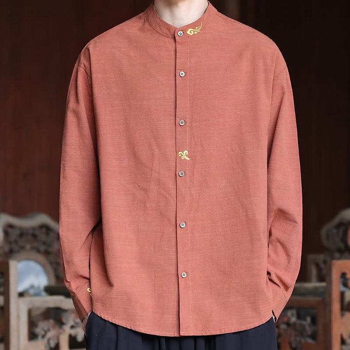Buddha Stones Spring Summer Tang Style Minimalist Mandarin Collar Embroidery Solid Men's Long Sleeve Shirts - image 7