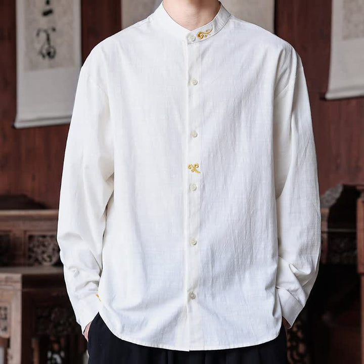 Buddha Stones Spring Summer Tang Style Minimalist Mandarin Collar Embroidery Solid Men's Long Sleeve Shirts - image 1