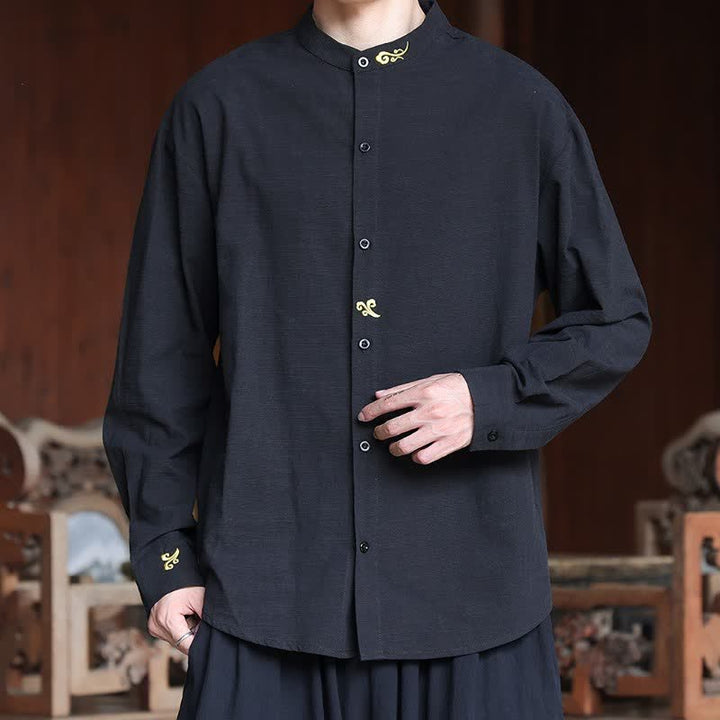 Buddha Stones Spring Summer Tang Style Minimalist Mandarin Collar Embroidery Solid Men's Long Sleeve Shirts - image 12