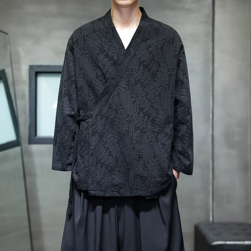Buddha Stones Fall Winter Tang Style Casual Drawstring Floral Men's Kimonos - Black - US/UK/AU48，EU58 (4XL) - image 10
