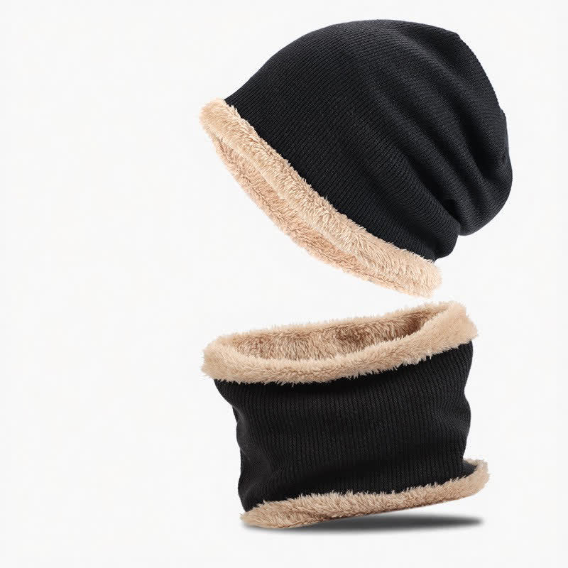 Buddha Stones 2Pcs Fall Winter Knit Plush Lined Slouchy Neck Warmer Men's Scarf Hat - Black - image 9