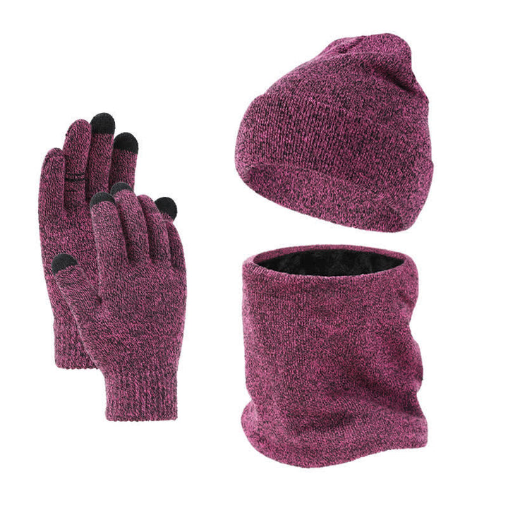 Buddha Stones 3Pcs Fall Winter Ribbed Knit Neck Warmer Men's Scarf Hat Gloves - Purple - image 9