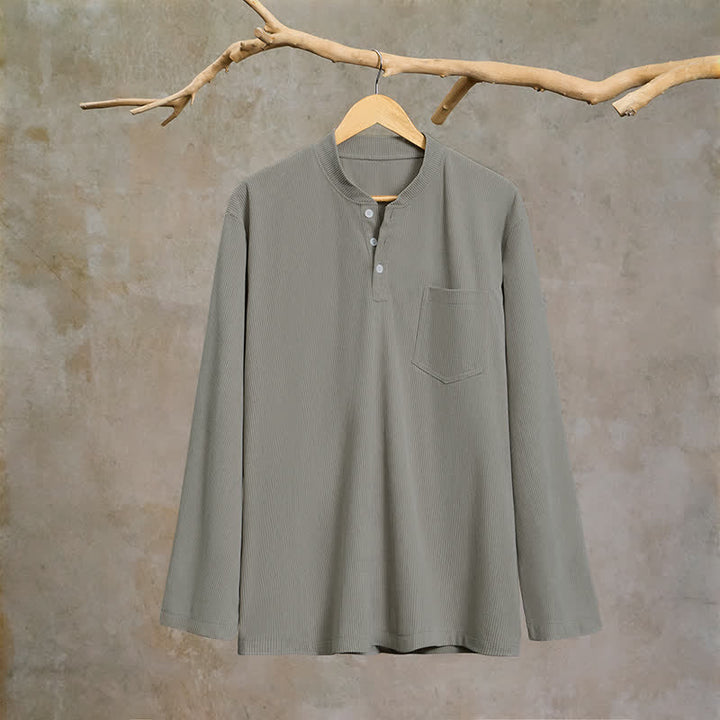 Buddha Stones Fall Winter Casual Tang Style Mandarin Collar Solid Corduroy Men's Long Sleeve Shirts With Patch Pocket - image 9