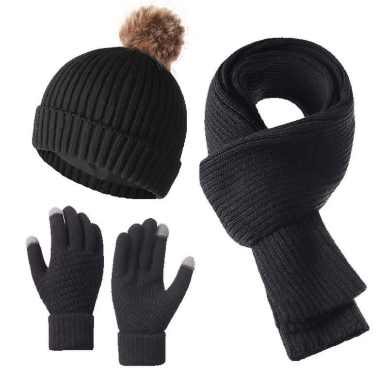 Buddha Stones 3Pcs Fall Winter Ribbed Knit Cozy Women's Scarf Gloves Hat - Black - image 2