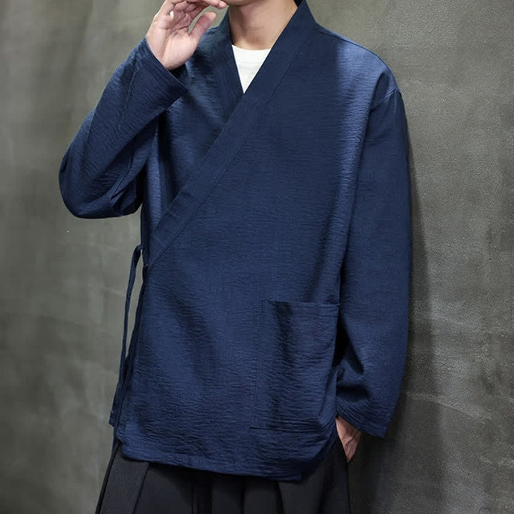 Buddha Stones Spring Casual Minimalist Tang Style Drawstring Solid Men's Kimono With Pockets - image 15