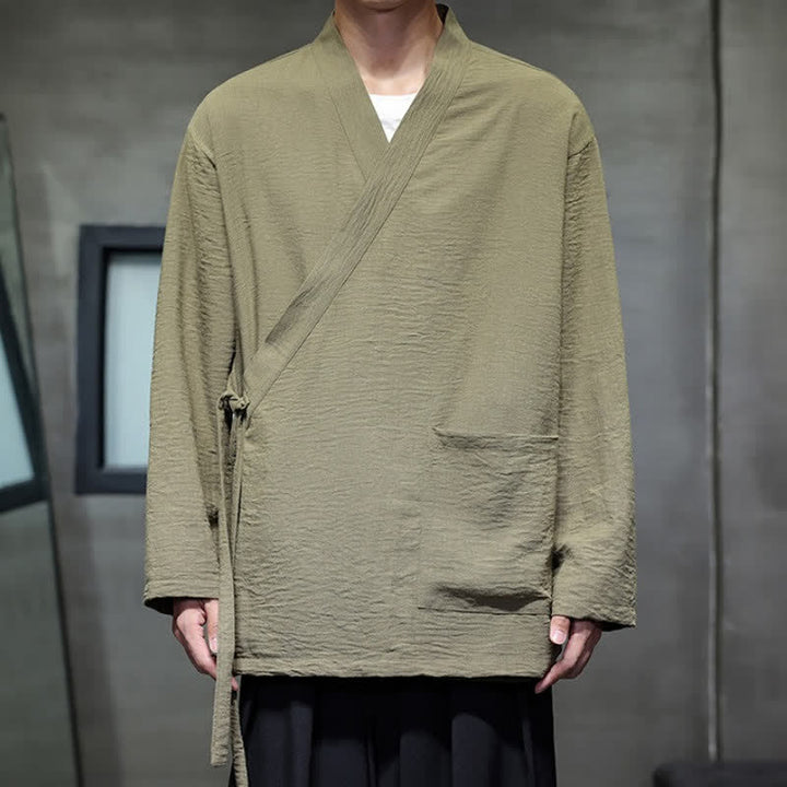 Buddha Stones Spring Casual Minimalist Tang Style Drawstring Solid Men's Kimono With Pockets - image 3