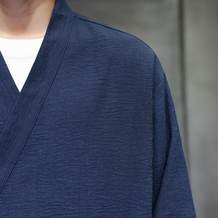 Buddha Stones Spring Casual Minimalist Tang Style Drawstring Solid Men's Kimono With Pockets - image 20