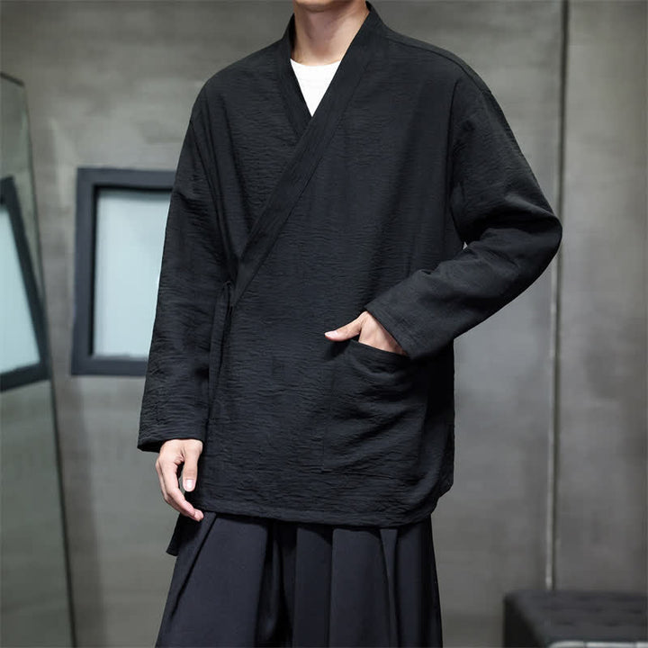 Buddha Stones Spring Casual Minimalist Tang Style Drawstring Solid Men's Kimono With Pockets - image 11