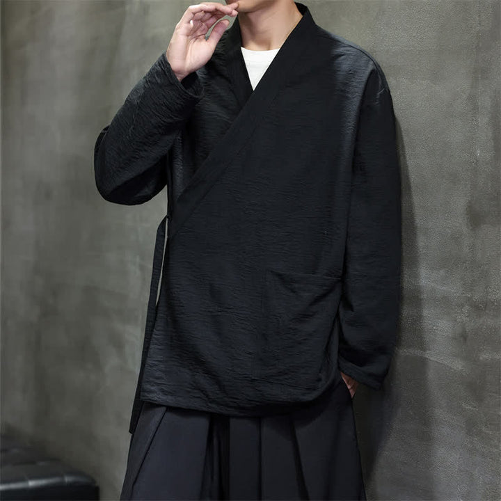 Buddha Stones Spring Casual Minimalist Tang Style Drawstring Solid Men's Kimono With Pockets - image 9
