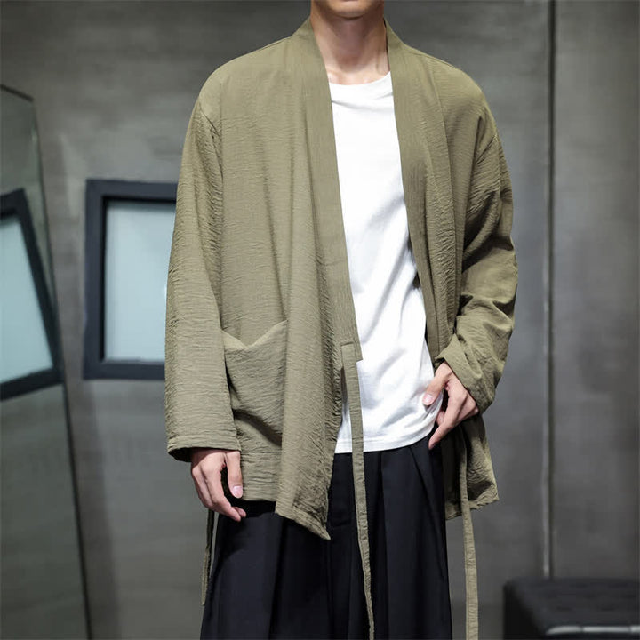 Buddha Stones Spring Casual Minimalist Tang Style Drawstring Solid Men's Kimono With Pockets - image 2