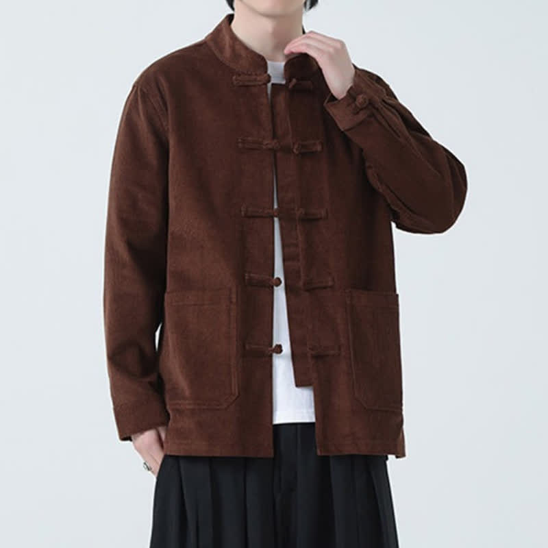 Buddha Stones Fall Winter Casual Tang Style Frog Button Solid Corduroy Men's Jacket With Pockets - image 24