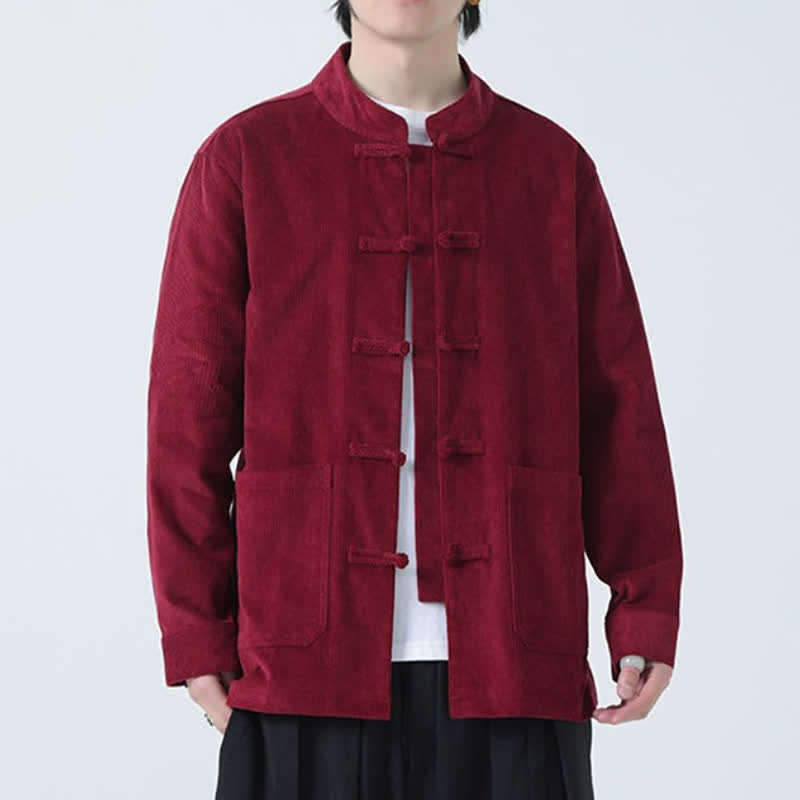 Buddha Stones Fall Winter Casual Tang Style Frog Button Solid Corduroy Men's Jacket With Pockets - image 16