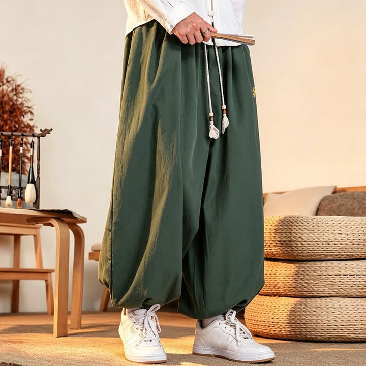 Buddha Stones Fall Casual Minimalist Drawstring Solid Embroidery Cloud Long Pants Men's Harem Pants With Pockets - image 2