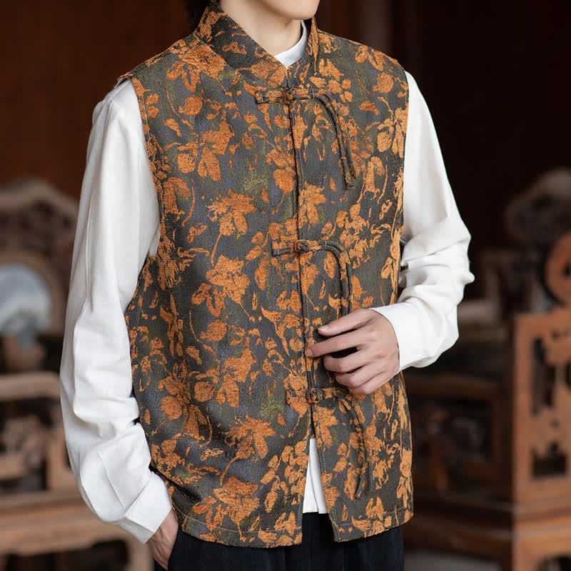 Buddha Stones Fall Vintage Tang Style Frog Button Floral Leaves Tank Top Men's Vest - image 1
