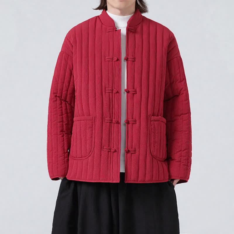 Buddha Stones Fall Winter Tang Style Minimalist Quilted Design Frog Button Solid Men's Jacket With Pockets - Firebrick - US/UK/AU46，EU56 (5XL) - image 12