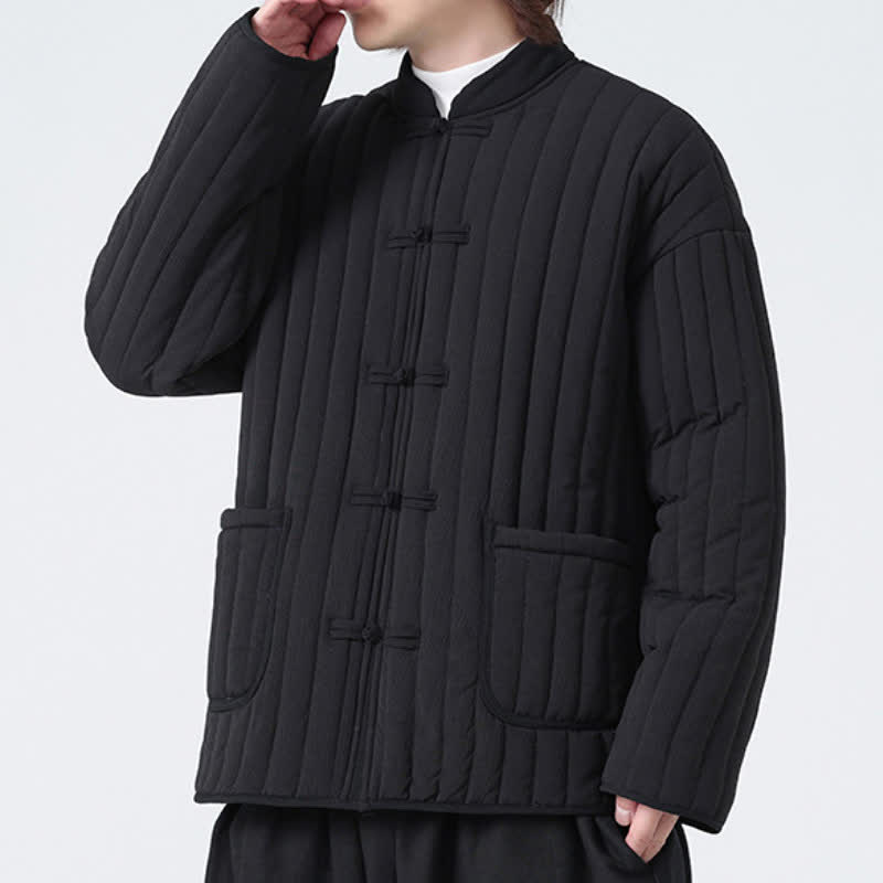 Buddha Stones Fall Winter Tang Style Minimalist Quilted Design Frog Button Solid Men's Jacket With Pockets - image 3