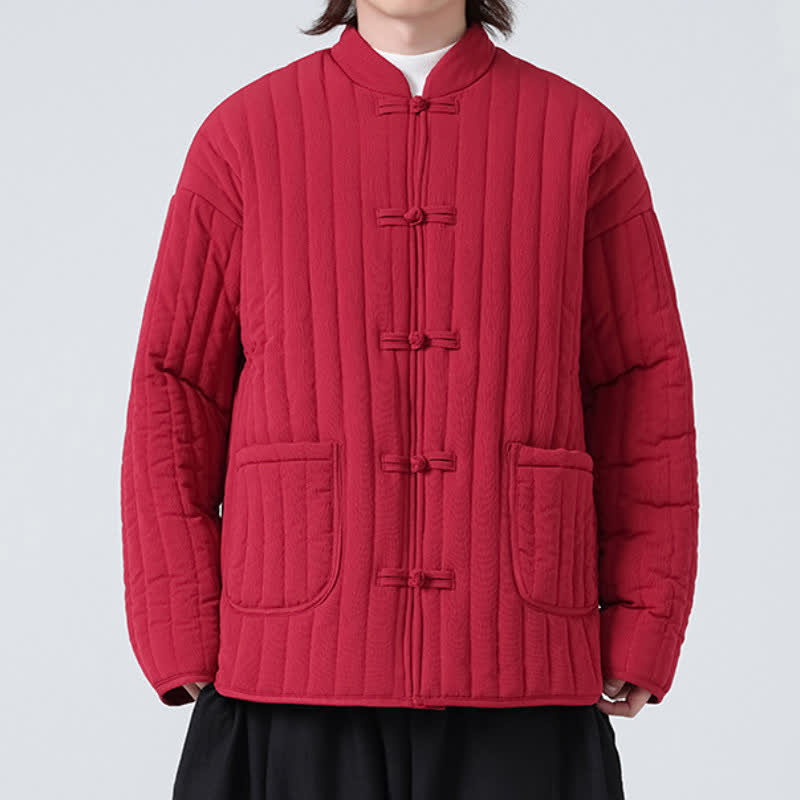 Buddha Stones Fall Winter Tang Style Minimalist Quilted Design Frog Button Solid Men's Jacket With Pockets - image 15