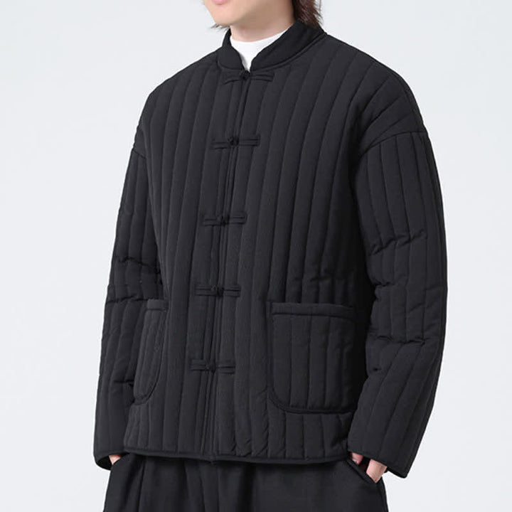 Buddha Stones Fall Winter Tang Style Minimalist Quilted Design Frog Button Solid Men's Jacket With Pockets - image 2
