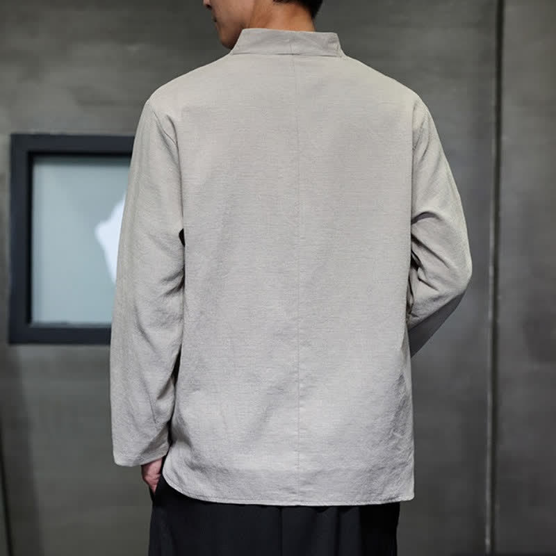 Buddha Stones Spring Summer Tang Style Casual Frog Button Solid Cotton Men's Long Sleeve Shirts - image 13
