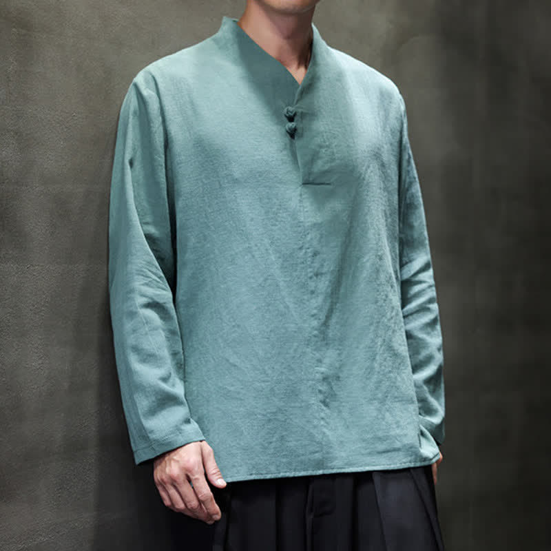 Buddha Stones Spring Summer Tang Style Casual Frog Button Solid Cotton Men's Long Sleeve Shirts - image 5