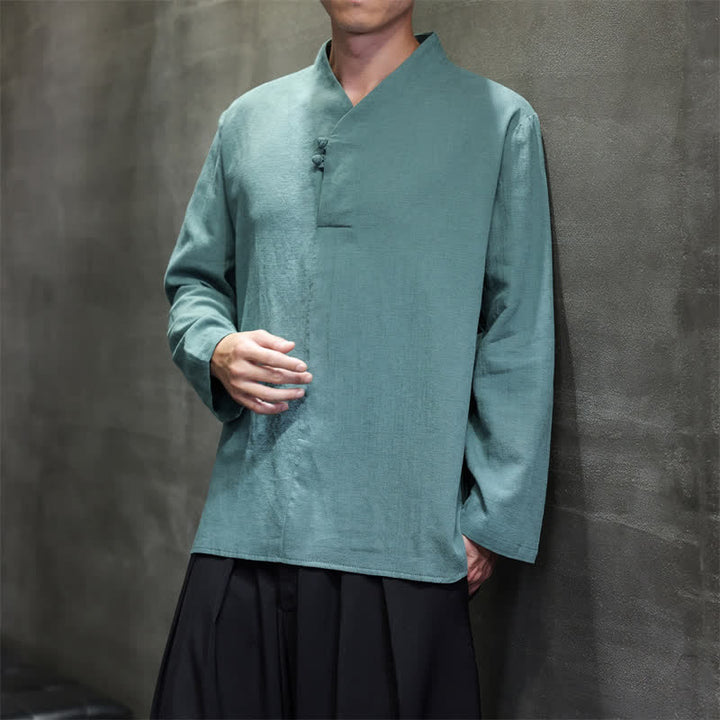 Buddha Stones Spring Summer Tang Style Casual Frog Button Solid Cotton Men's Long Sleeve Shirts - image 7