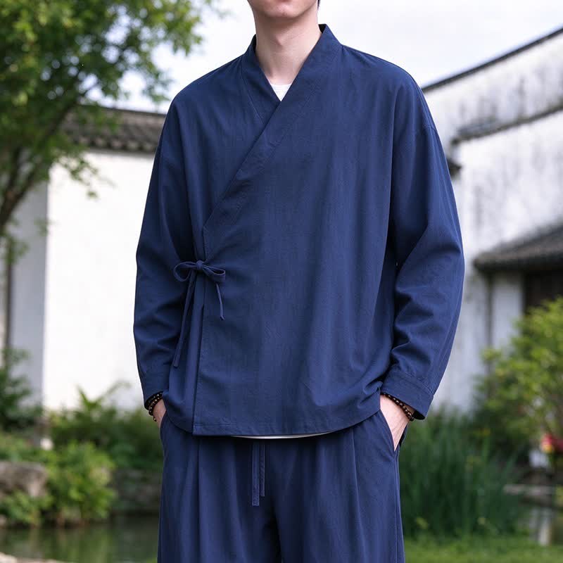 Buddha Stones Spring Fall Tang Style Meditation Drawstring Solid Cotton Linen Men's Kimono - MidnightBlue - US/UK/AU46，EU56 (5XL) - image 0