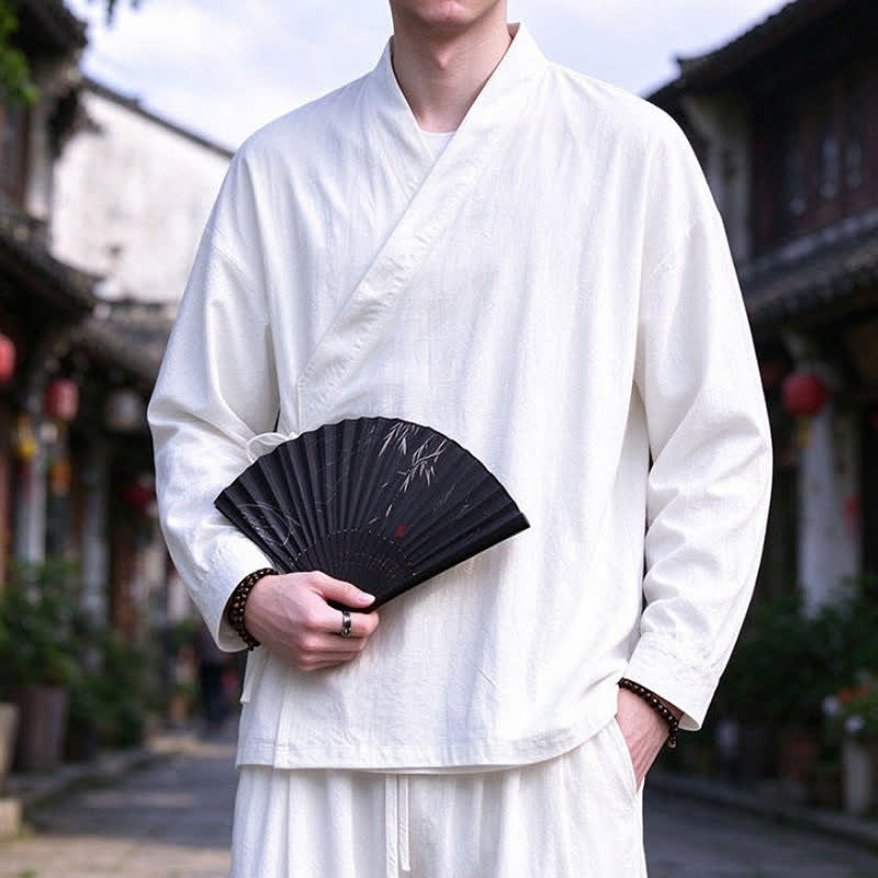 Buddha Stones Spring Fall Tang Style Meditation Drawstring Solid Cotton Linen Men's Kimono - image 22