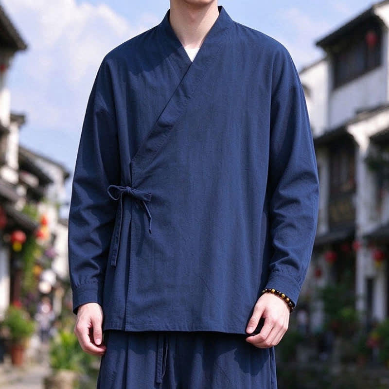Buddha Stones Spring Fall Tang Style Meditation Drawstring Solid Cotton Linen Men's Kimono - image 4