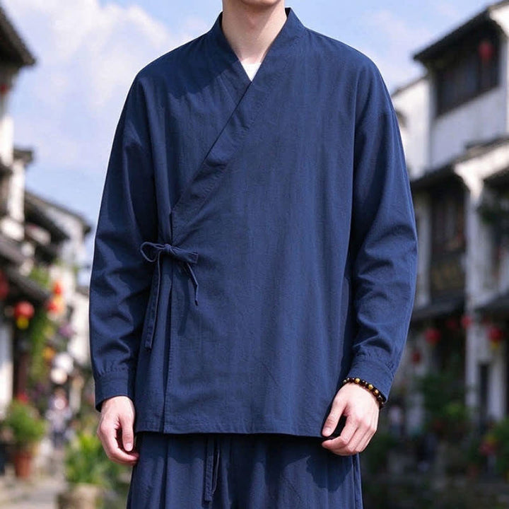 Buddha Stones Spring Fall Tang Style Meditation Drawstring Solid Cotton Linen Men's Kimono - image 4