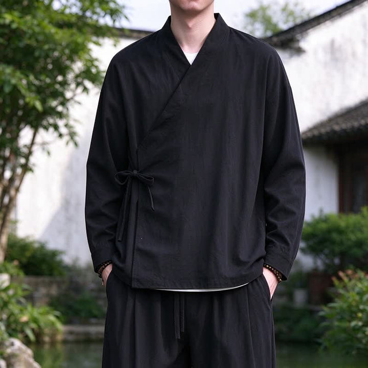 Buddha Stones Spring Fall Tang Style Meditation Drawstring Solid Cotton Linen Men's Kimono - image 9