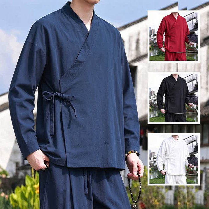 Buddha Stones Spring Fall Tang Style Meditation Drawstring Solid Cotton Linen Men's Kimono - image 7