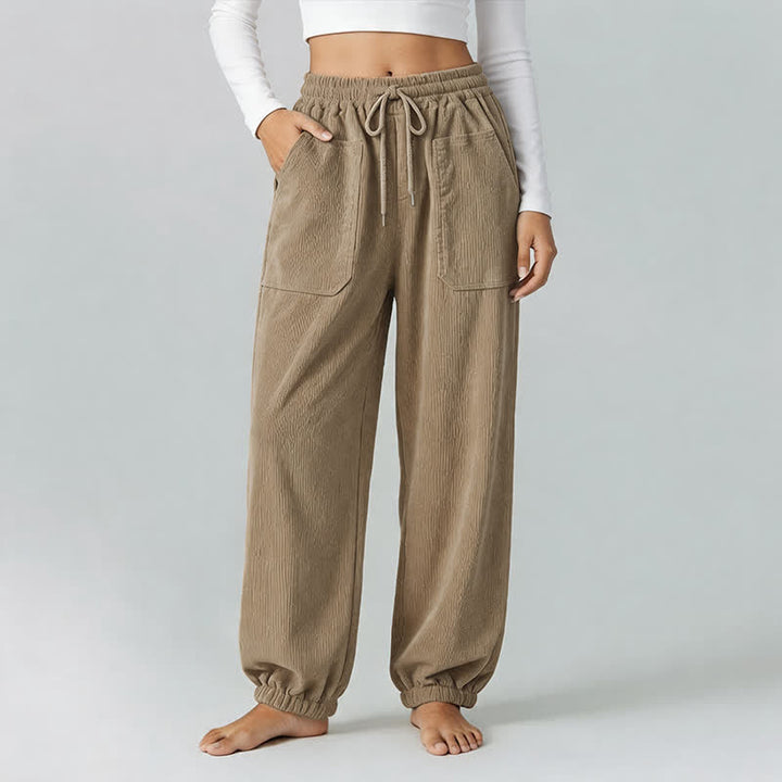 Buddha Stones Fall Winter Casual Drawstring Solid Long Pants Elastic Waist Corduroy Women's Tapered Pants With Pockets - Tan - US12, UK/AU16, EU44 (2XL) - image 12