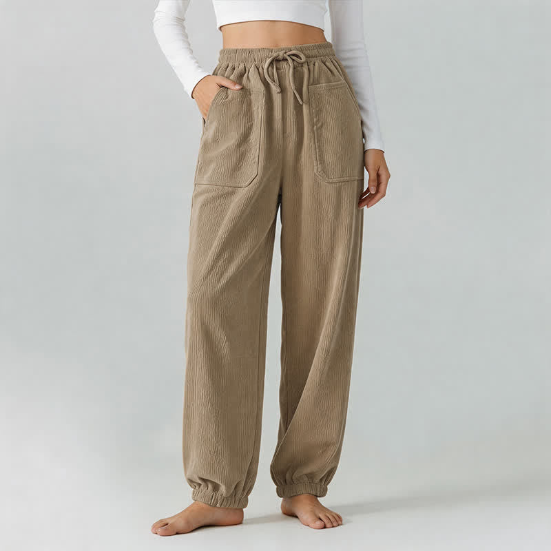 Buddha Stones Fall Winter Casual Drawstring Solid Long Pants Elastic Waist Corduroy Women's Tapered Pants With Pockets - image 13