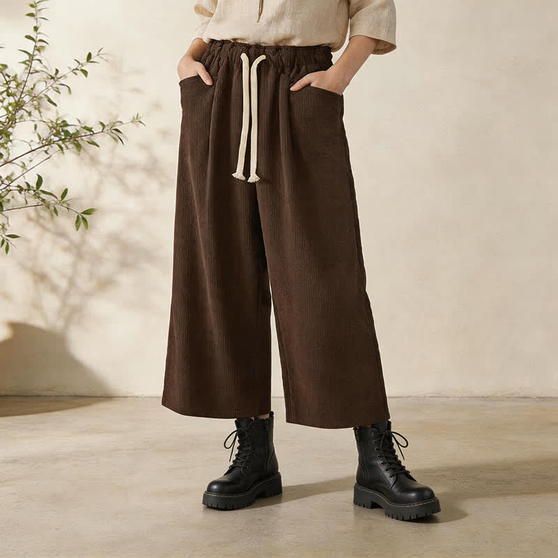 Buddha Stones Fall Winter Casual Minimalist Drawstring Solid Cropped Pants Corduroy Women's Straight Leg Pants With Pockets - SaddleBrown - US6, UK/AU10, EU38 (XL) - image 0