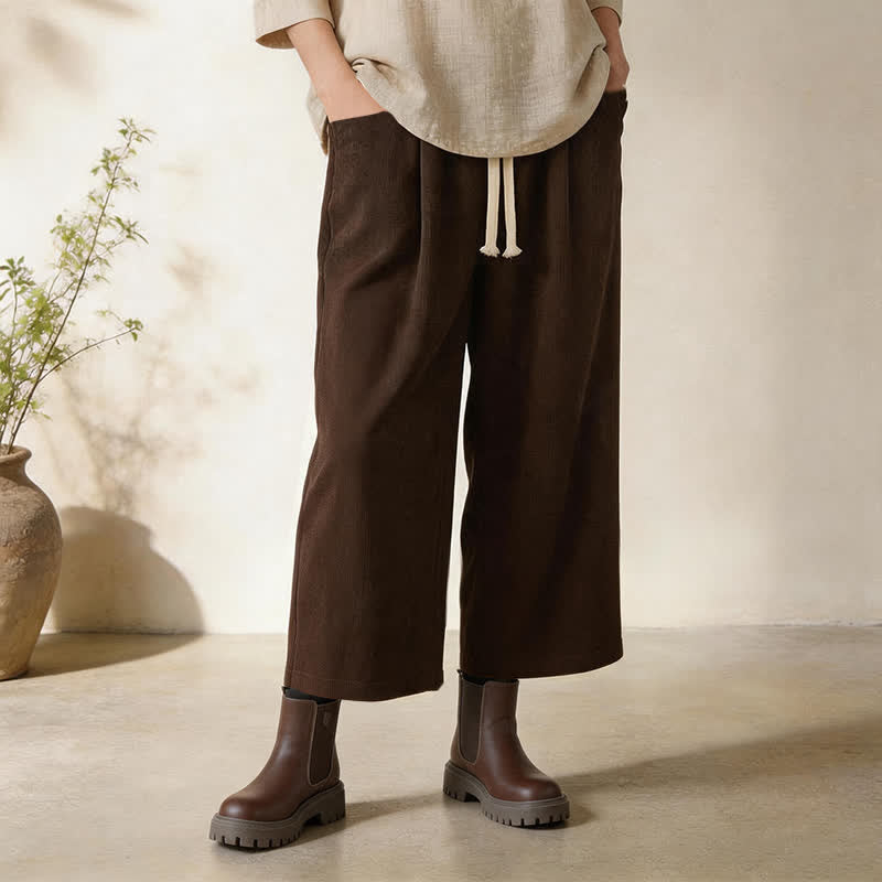 Buddha Stones Fall Winter Casual Minimalist Drawstring Solid Cropped Pants Corduroy Women's Straight Leg Pants With Pockets - image 1