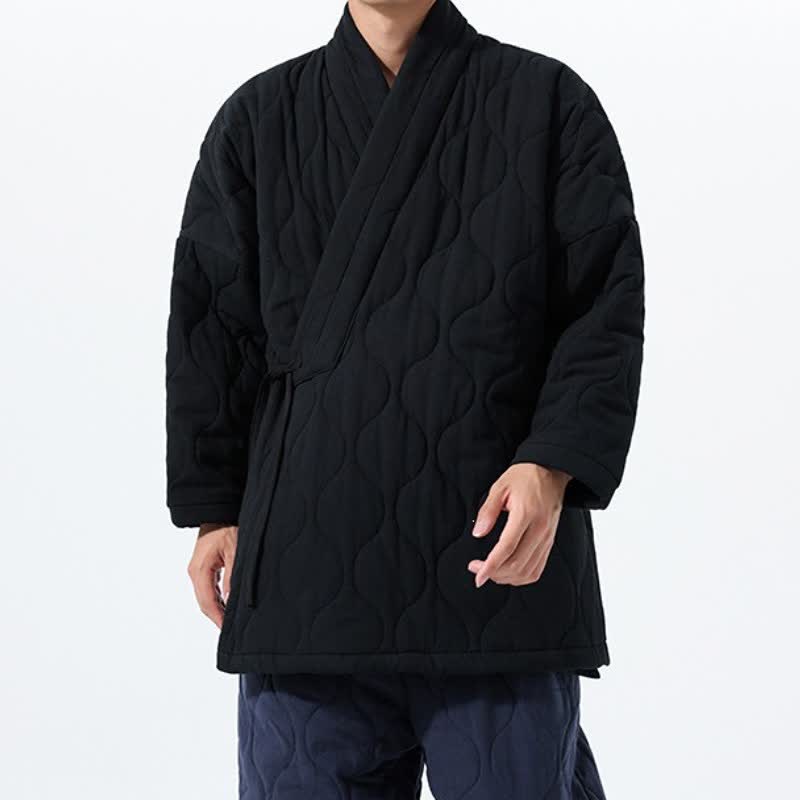 Buddha Stones Fall Winter Casual Tang Style Drawstring Quilted Solid Cotton Men's Kimono With Pockets - image 24