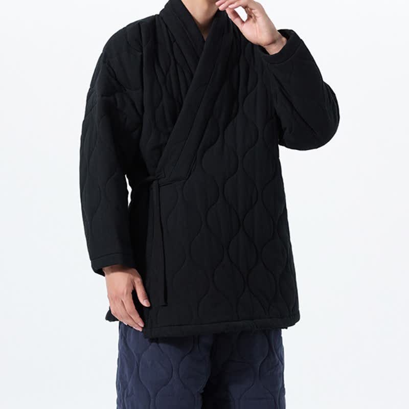 Buddha Stones Fall Winter Casual Tang Style Drawstring Quilted Solid Cotton Men's Kimono With Pockets - image 22