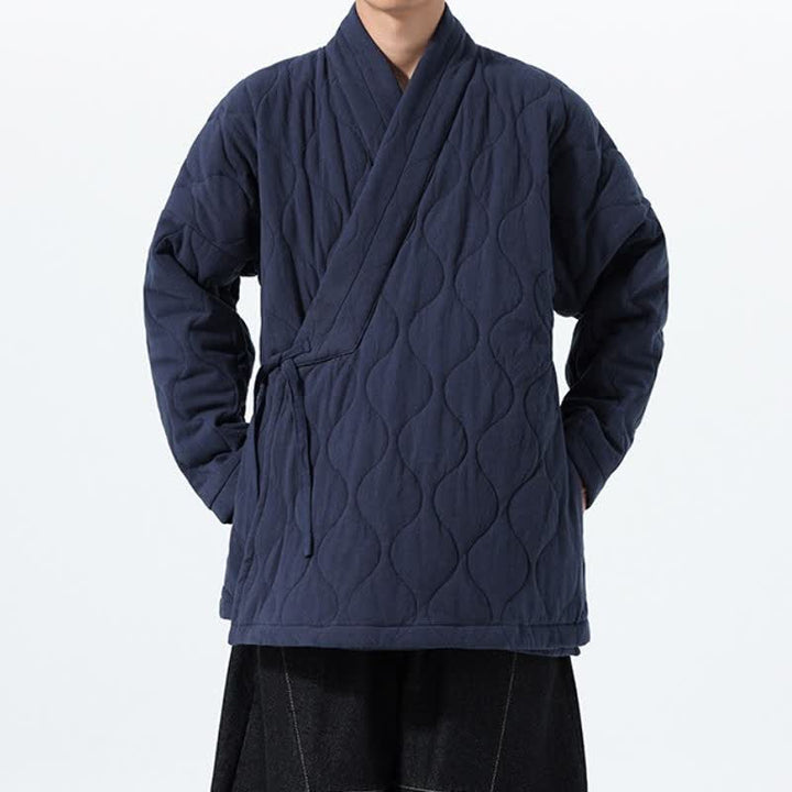 Buddha Stones Fall Winter Casual Tang Style Drawstring Quilted Solid Cotton Men's Kimono With Pockets - image 5