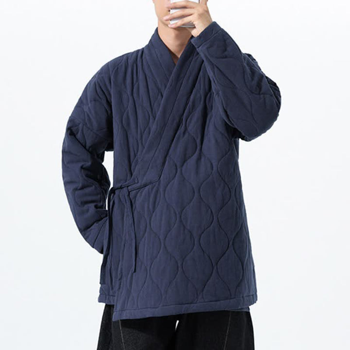 Buddha Stones Fall Winter Casual Tang Style Drawstring Quilted Solid Cotton Men's Kimono With Pockets - image 7