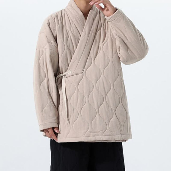 Buddha Stones Fall Winter Casual Tang Style Drawstring Quilted Solid Cotton Men's Kimono With Pockets - image 30