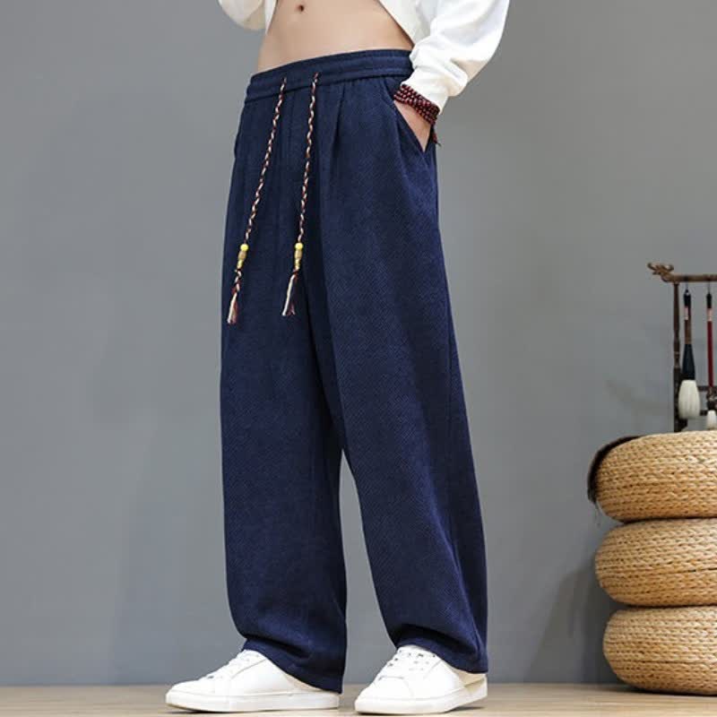Buddha Stones Fall Winter Casual Vintage Drawstring Solid Long Pants Men's Straight Leg Pants With Pockets - image 23