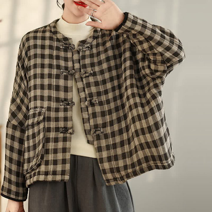 Buddha Stones Fall Winter Casual Vintage Tang Style Tan Plaid Women's Jacket With Pockets - image 1