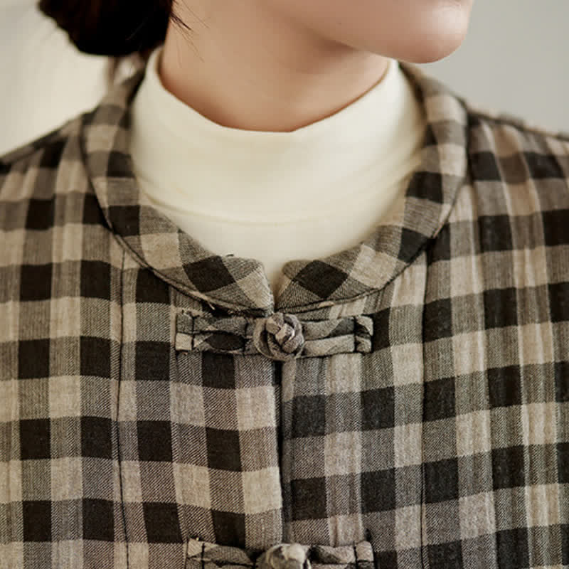 Buddha Stones Fall Winter Casual Vintage Tang Style Tan Plaid Women's Jacket With Pockets - image 8