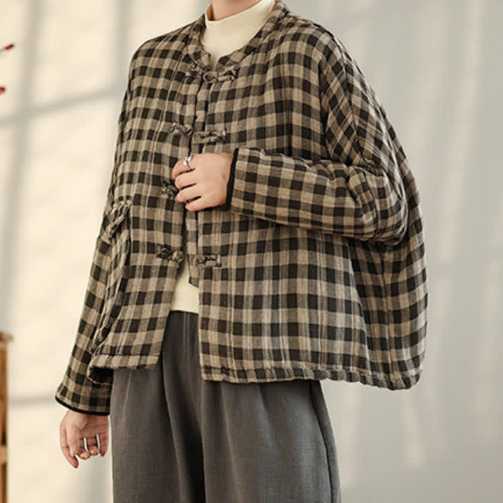 Buddha Stones Fall Winter Casual Vintage Tang Style Tan Plaid Women's Jacket With Pockets - image 5