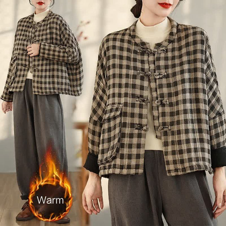 Buddha Stones Fall Winter Casual Vintage Tang Style Tan Plaid Women's Jacket With Pockets - image 7