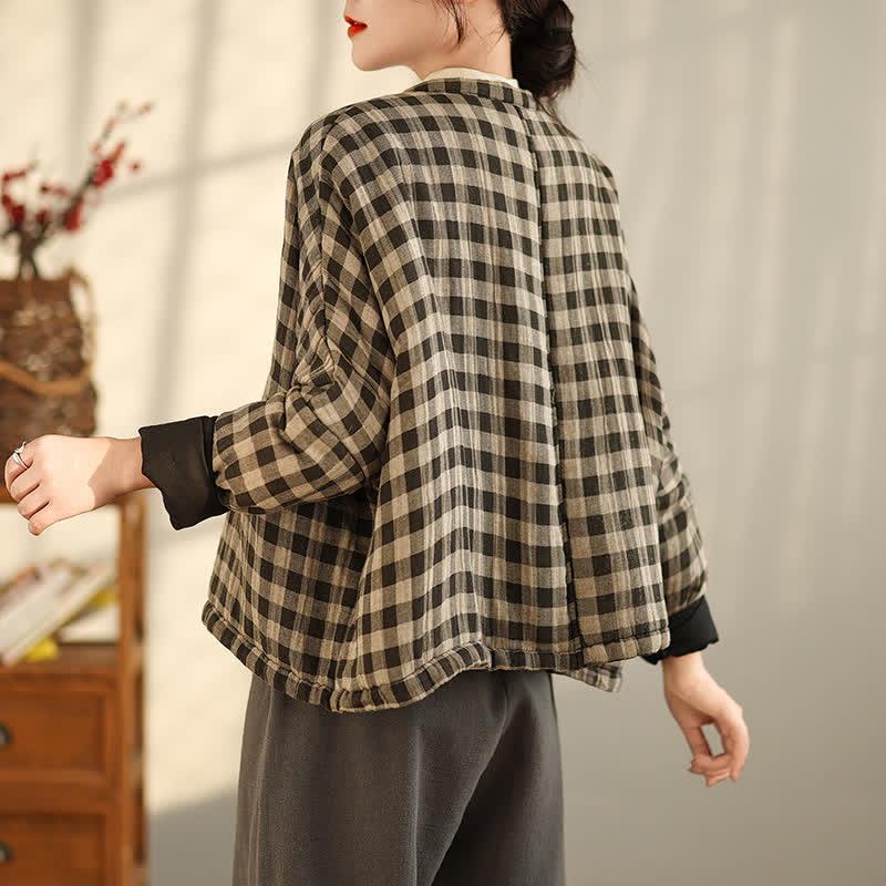 Buddha Stones Fall Winter Casual Vintage Tang Style Tan Plaid Women's Jacket With Pockets - image 4