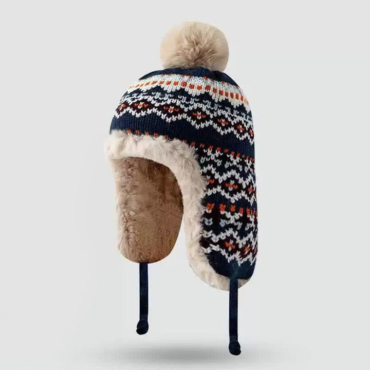 Buddha Stones Winter Geometric Pom Pom Fleece Lined Earflap Women's Hat - Navy - One Size(54-60 cm) - image 7