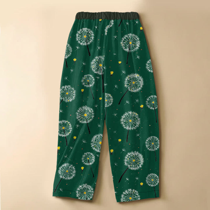 Buddha Stones Pure Cotton Dandelion Bloom Pattern Frog Button Women's Elastic Waist Harem Pants With Pockets - image 1